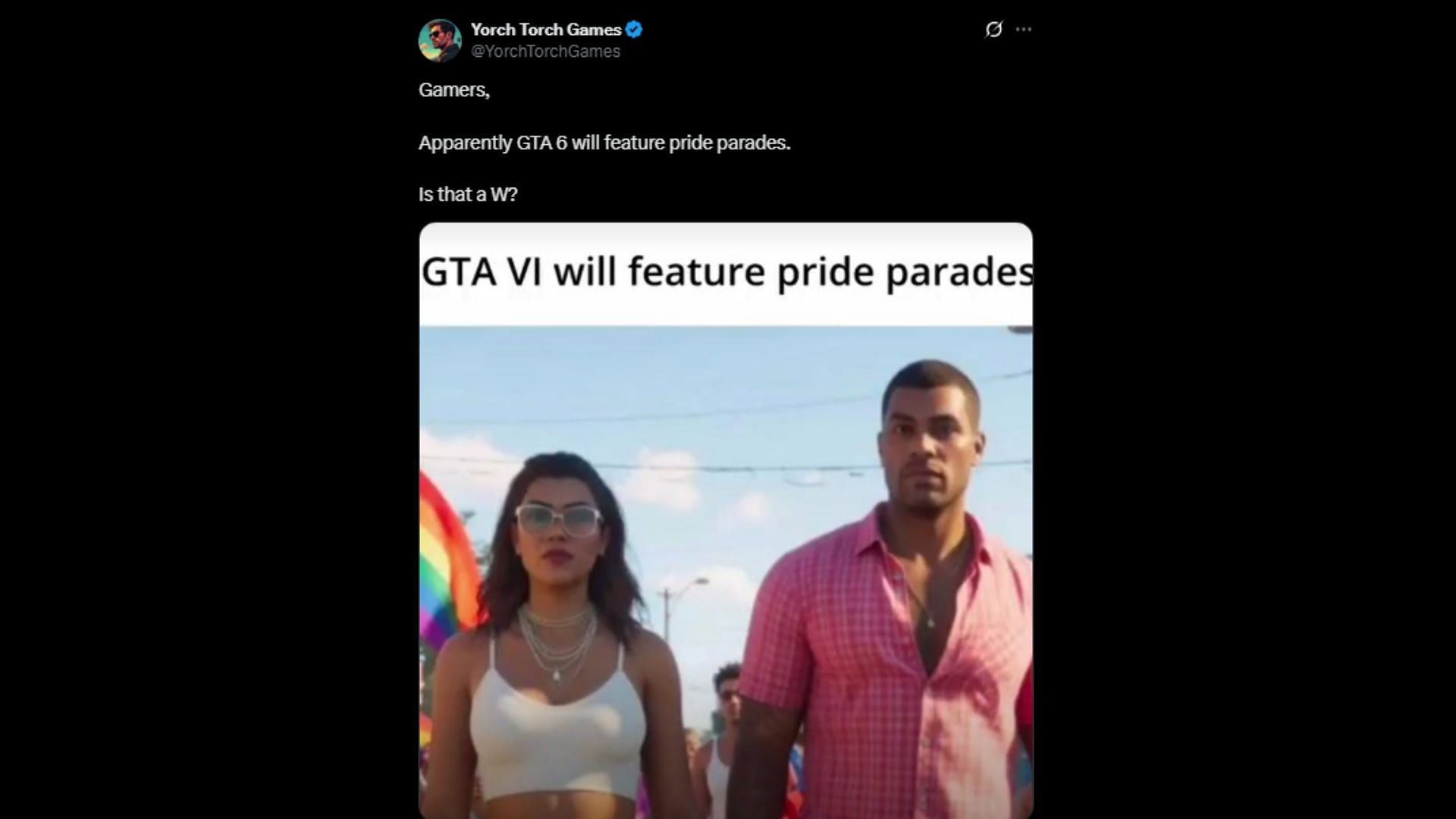 Will GTA 6 have Pride Parades: Image being used with this rumor (Image via X/@YorchTorchGames)